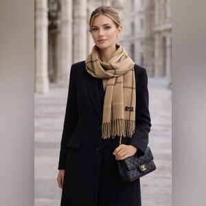 Italian Quiet Luxury Camel Plaid Scarf Effortless Chic Soft Neutral Palette